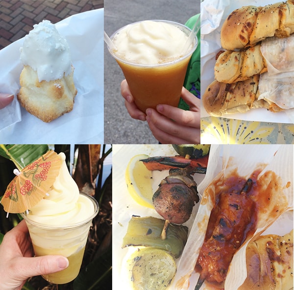 Collage of six different foods and meals eaten at Disneyland.