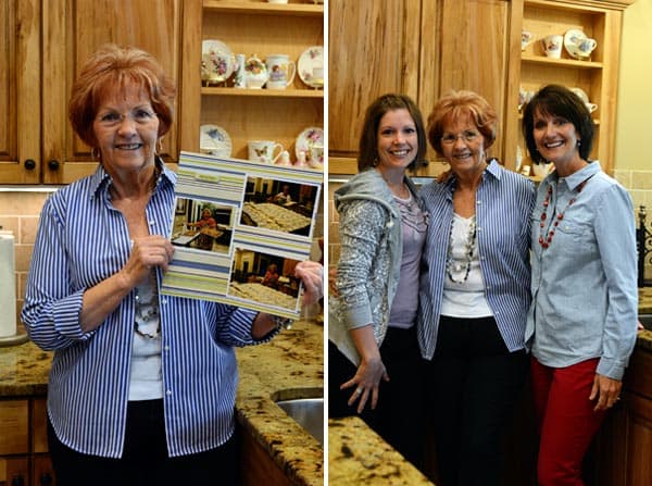 Gloria who is famous for her cinnamon rolls holding up a picture, and Gloria standing next to Mel and Aunt Marilyn.