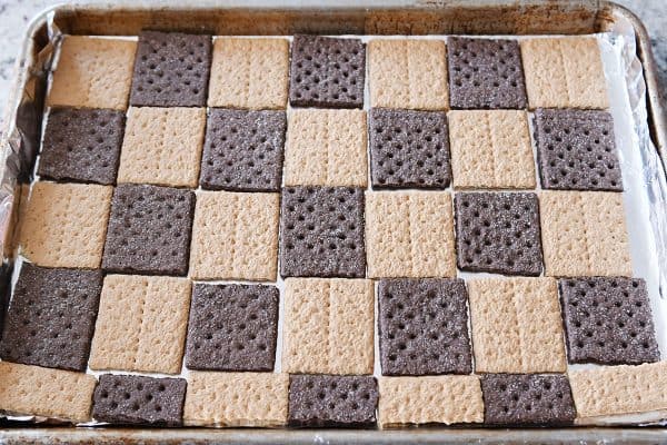 Tray of graham crackers for easy graham cracker toffee.