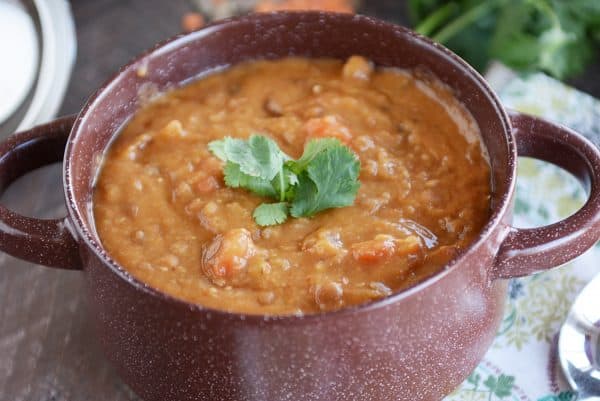 A pot of creamy lentil soup. 