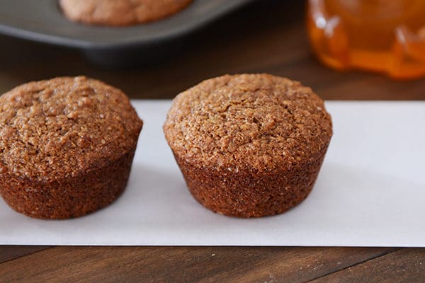 Two golden brown muffins side-by-side.