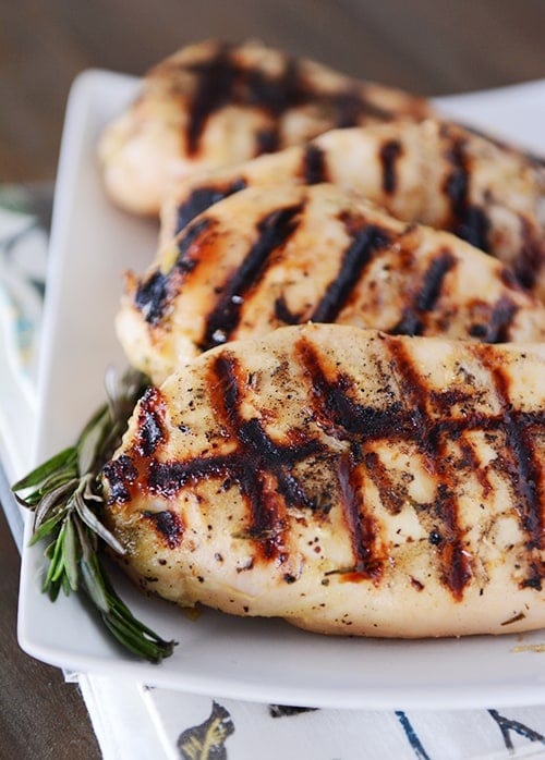 Four grilled chicken breasts on a white platter with a sprig of rosemary on the side.