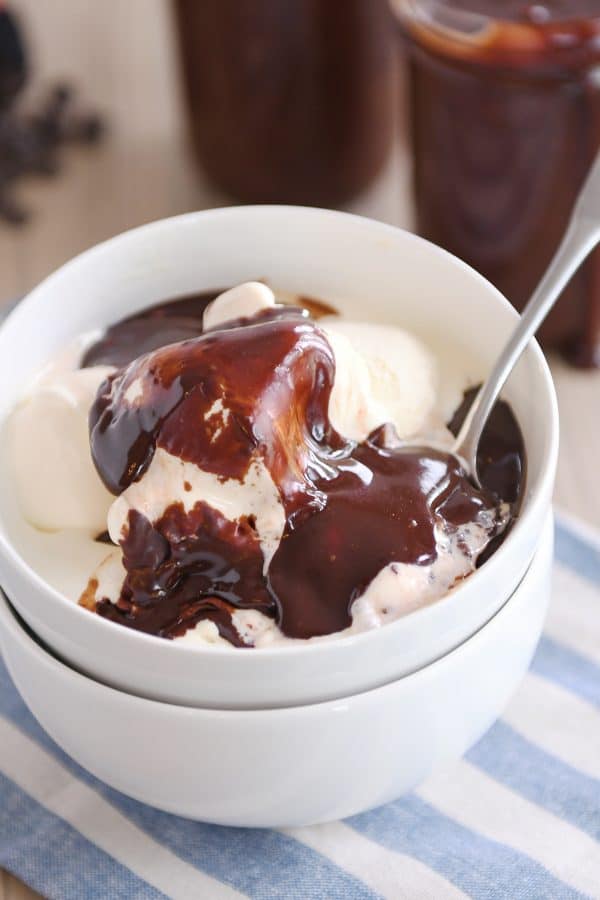 Vanilla ice cream in white bowl with 5-minute hot fudge sauce on top.