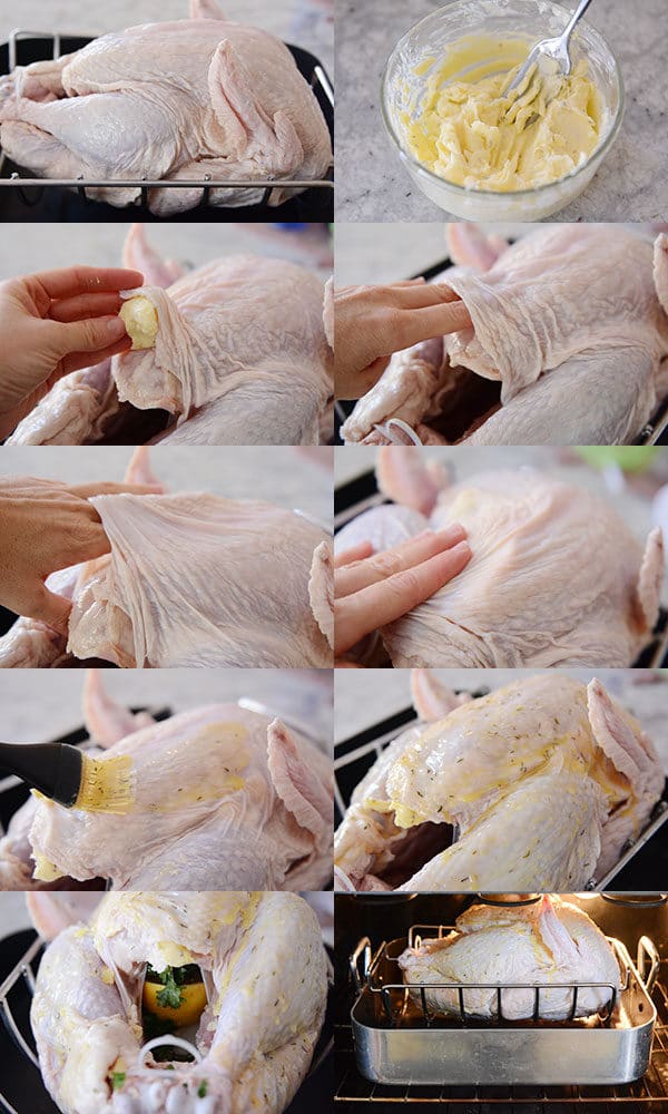 A collage of pictures showing how to stuff and butter a raw turkey.