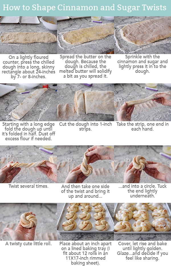 A collage of pictures and instructions showing how to make cinnamon and sugar twists.