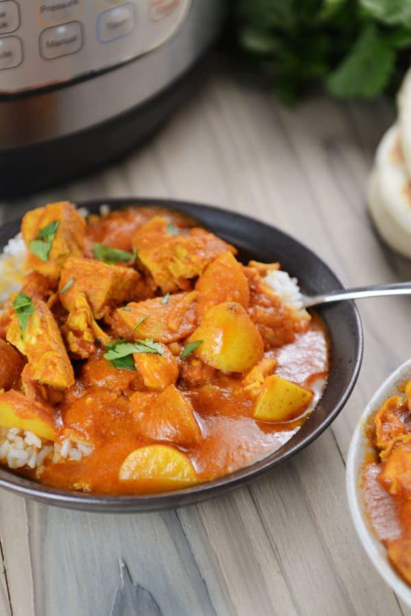 A dark bowl of chicken and potato curry over white rice. 