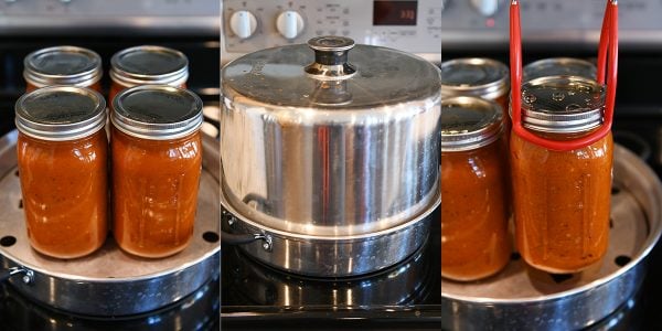 Processing quart jars of homemade spaghetti sauce.