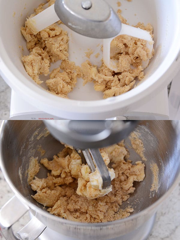 Cookie dough mixing in Bosch mixer and KitchenAid bowls.