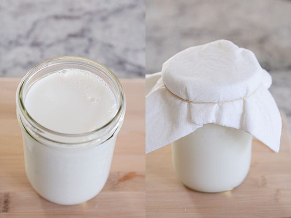 Side by side pictures of mason jars full of kefir milk, one is covered and one is not.