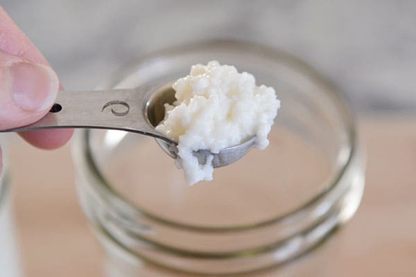 A metal tablespoon full of kefir grains.