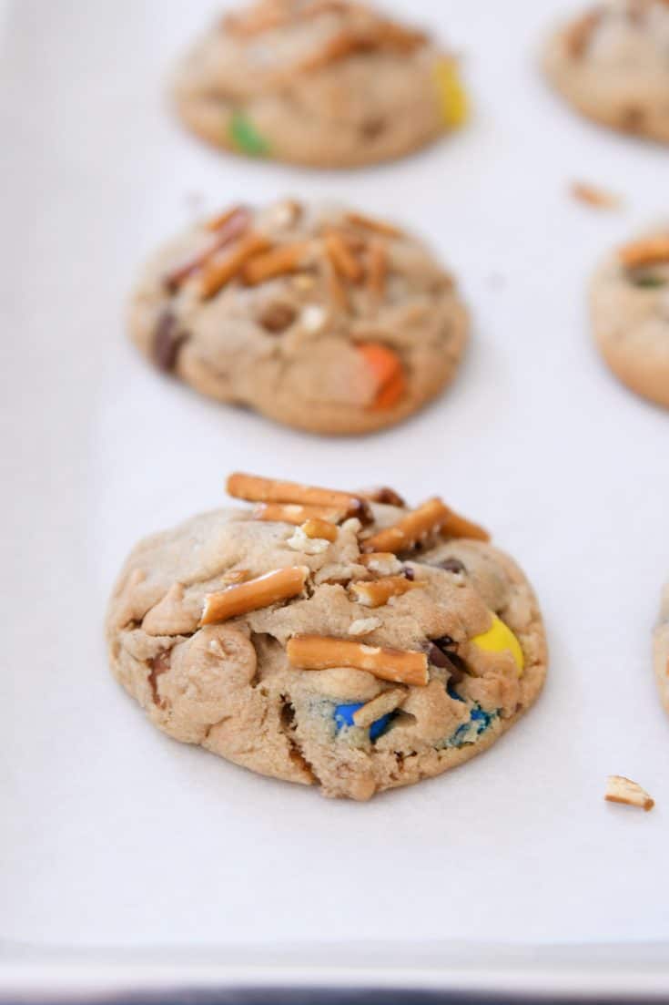 Peanut Butter Kitchen Sink Cookies {Caramel, Pretzels & M&Ms}