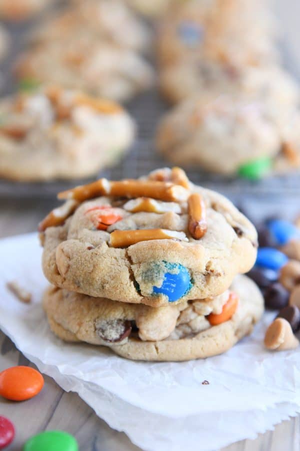 Stack of two baked peanut butter kitchen sink cookies