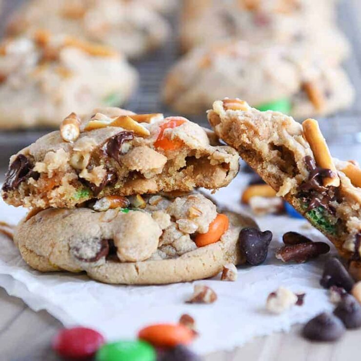 Peanut Butter Kitchen Sink Cookies {Caramel, Pretzels & M&Ms}