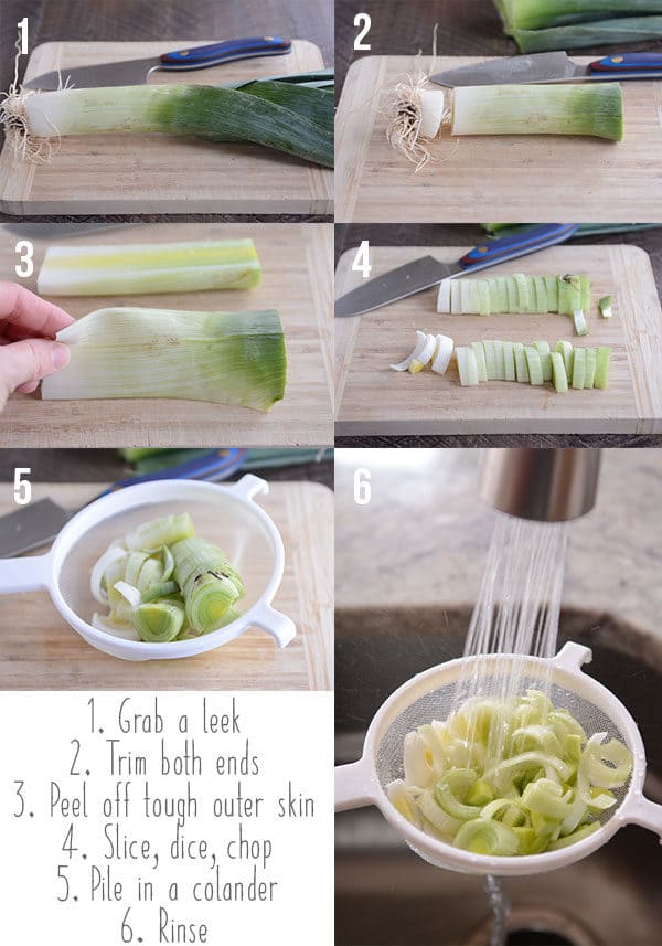 Step-by-step pictures of how to cut up a fresh leek.
