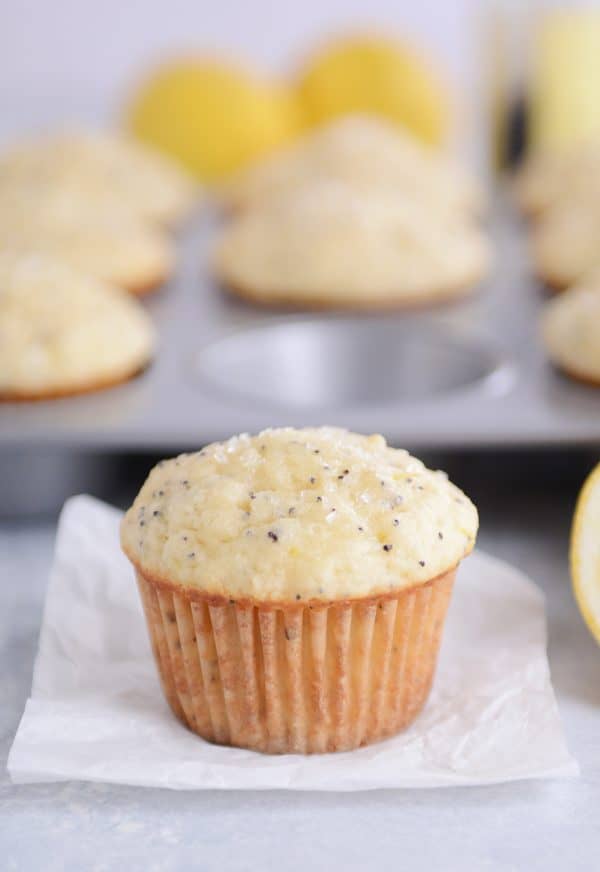 A coarse sugar-topped lemon poppy seed muffin with a piece of parchment. 