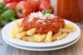 Homemade canned spaghetti sauce recipe with penne pasta.