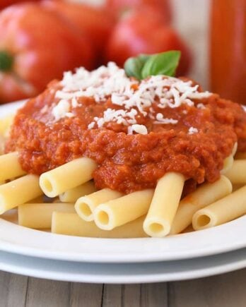 Homemade canned spaghetti sauce recipe with penne pasta.