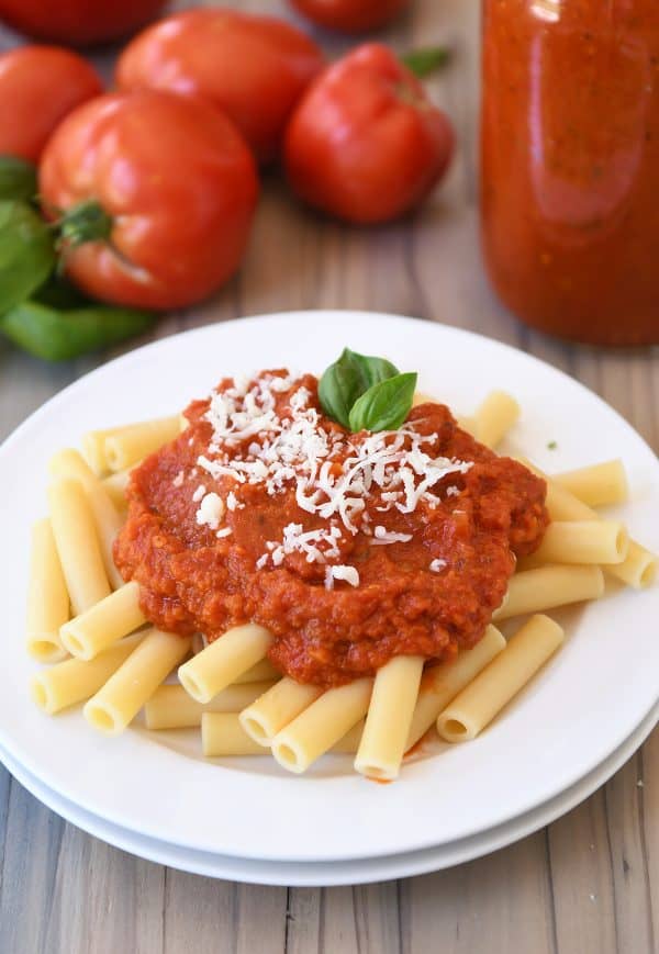 Homemade canned spaghetti sauce recipe with penne pasta.