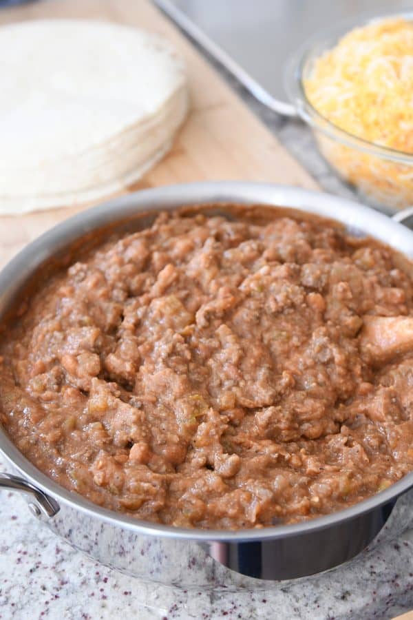 Pan full of freezer burrito filling.