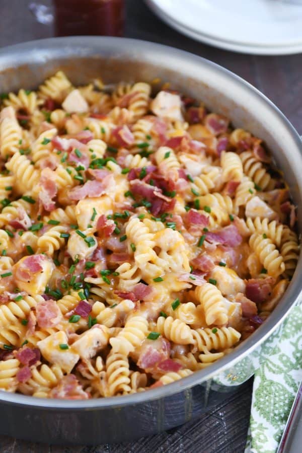 Monterey BBQ chicken pasta in a big skillet.