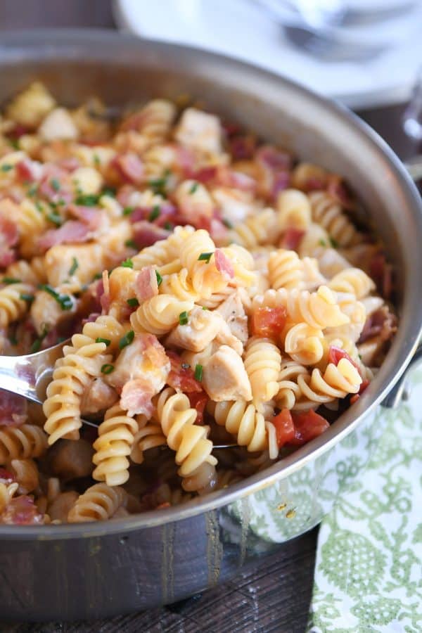 Monterey BBQ chicken pasta in a big skillet.