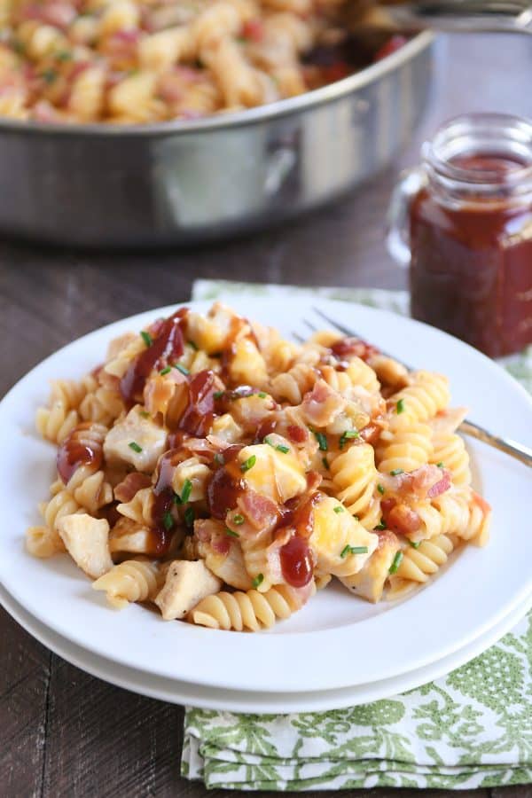 Monterey BBQ chicken pasta on a white plate.