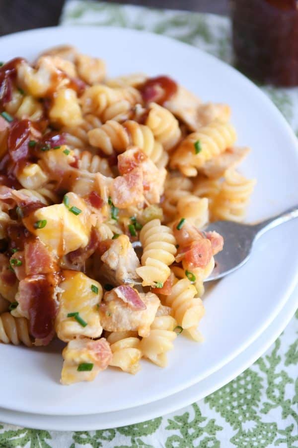 Monterey BBQ chicken pasta on a white plate.