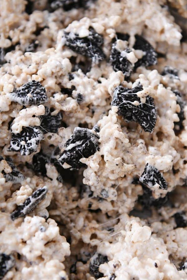 Close up of the perfect oreo rice krispie treats recipe (the batter).