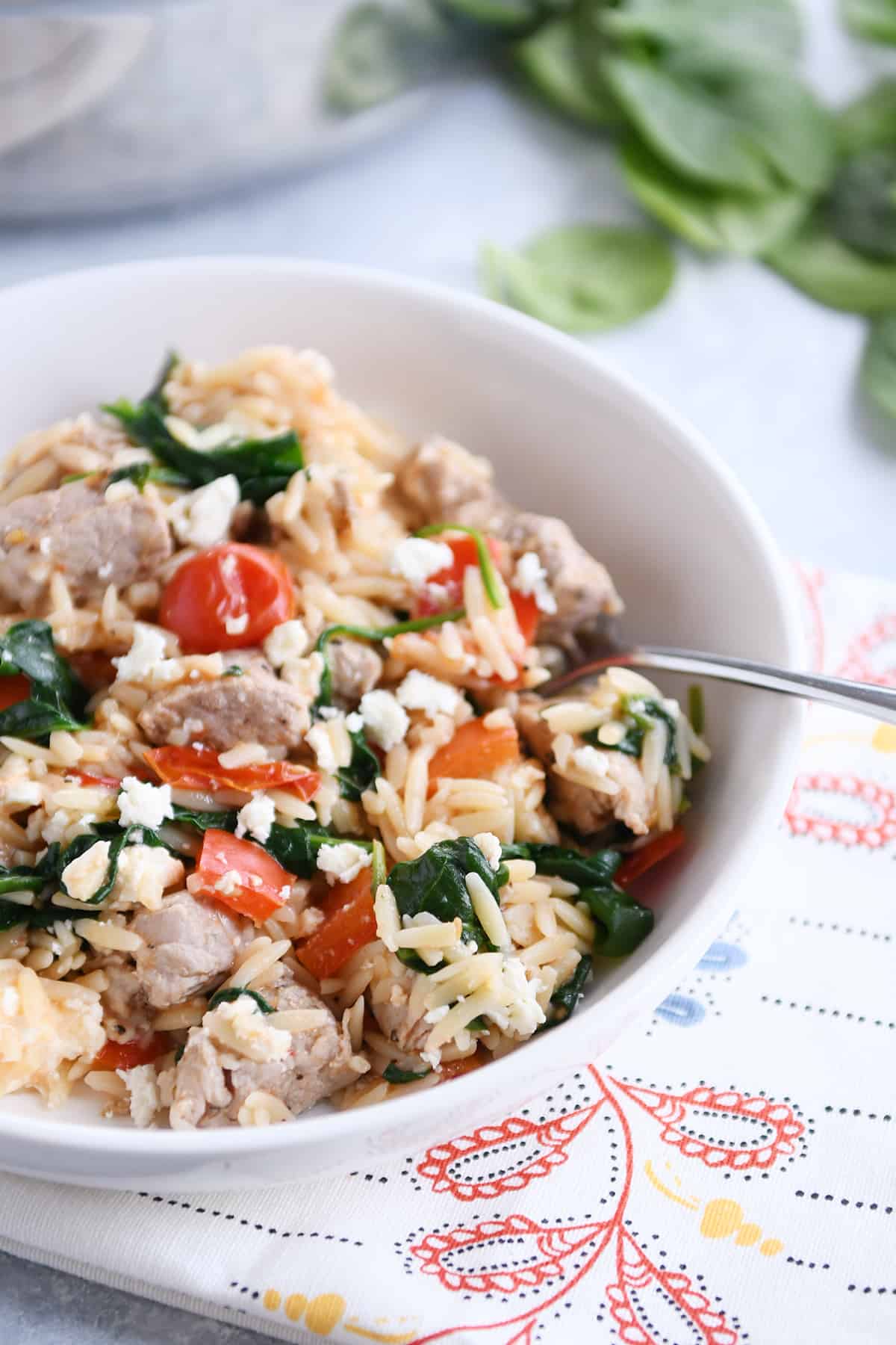 Quick and Easy Pork {or Chicken} Mediterranean Orzo Skillet
