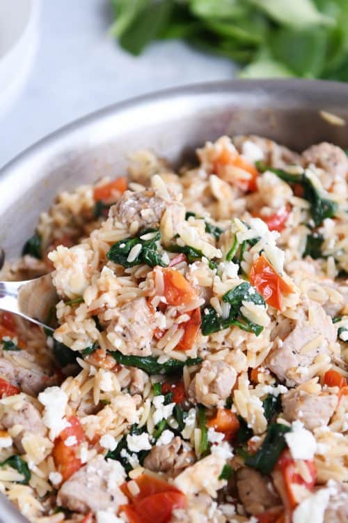 Quick and Easy Pork {or Chicken} Mediterranean Orzo Skillet