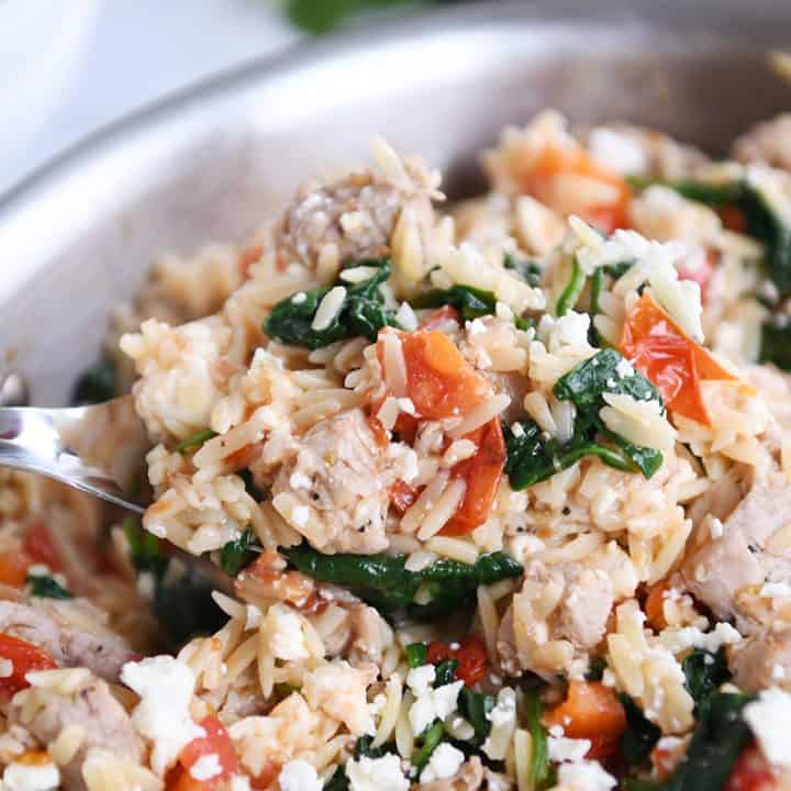 Quick and Easy Pork {or Chicken} Mediterranean Orzo Skillet
