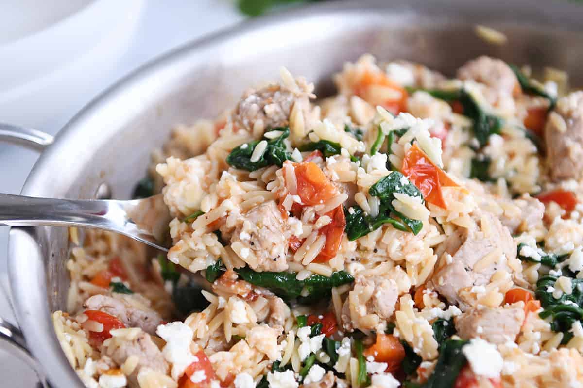 Quick and Easy Pork {or Chicken} Mediterranean Orzo Skillet