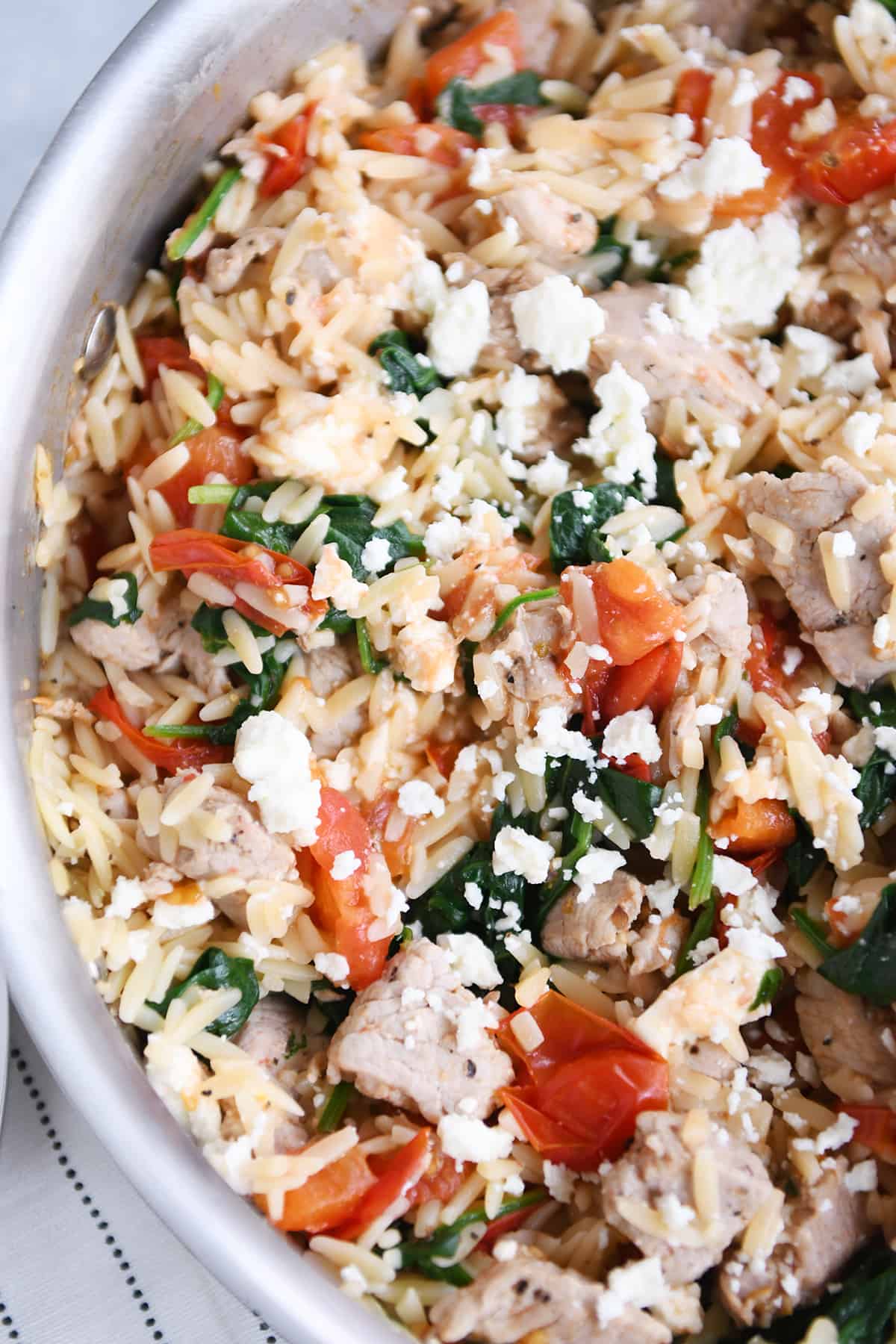 Quick and Easy Pork {or Chicken} Mediterranean Orzo Skillet