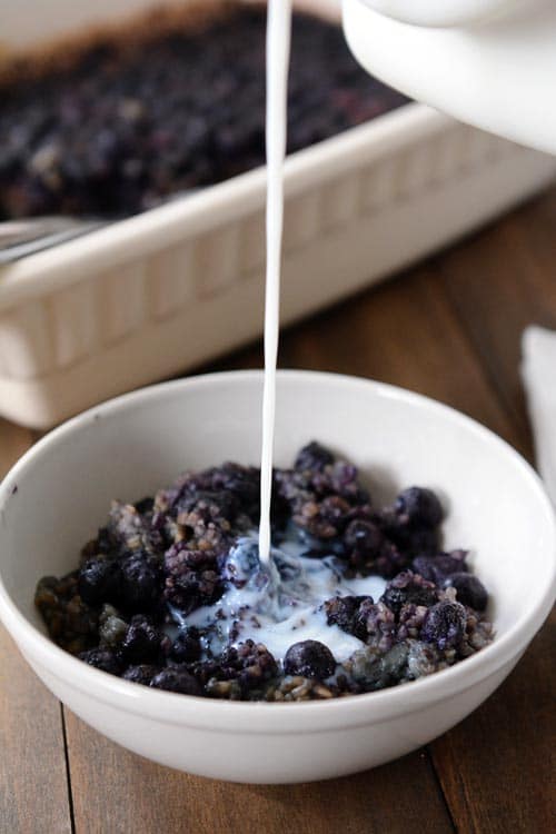 Milk getting poured over a white bowl of blueberry steel cut oats. 