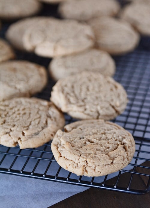 A lot of peanut butter cookies on a cooling rack. 