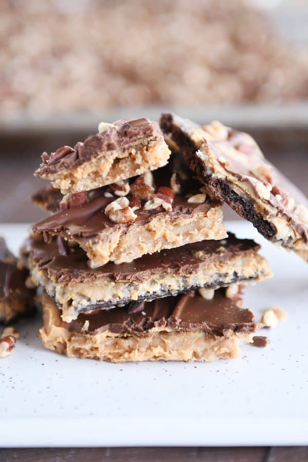 Stack of easy graham cracker toffee with peanut butter. 