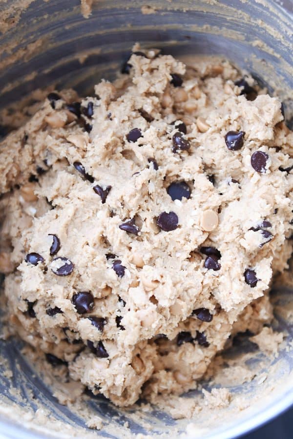 Big bowl of peanut butter oatmeal chocolate chip cookie dough.