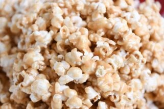 Close up of soft and chewy peanut butter caramel popcorn.