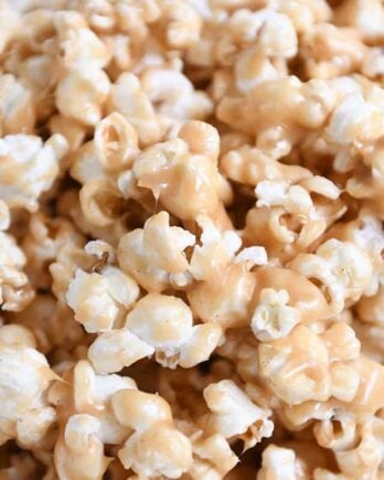 Close up of soft and chewy peanut butter caramel popcorn.