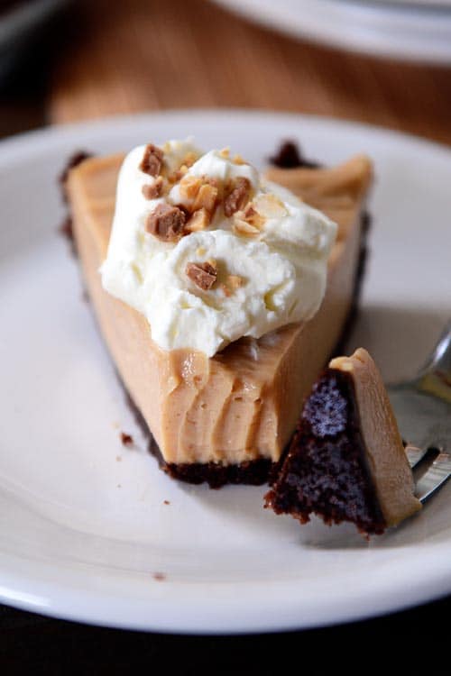 Slice of whipped cream topped peanut butter pie with a chocolate cookie crust on a white plate with a fork taking a bite out.