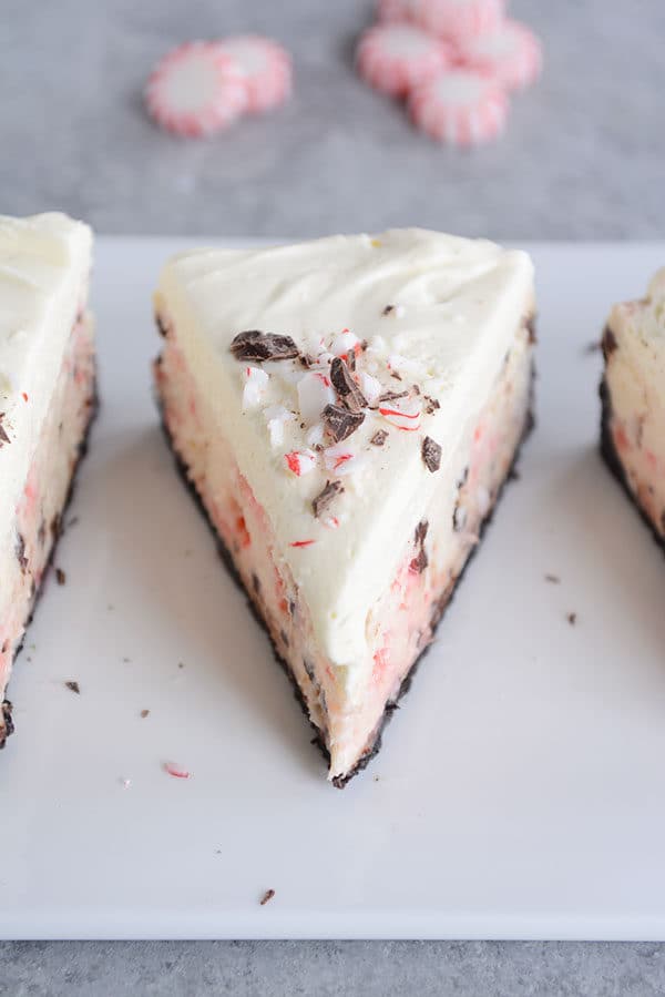 A slice of peppermint chocolate cheesecake with a chocolate cookie crust.