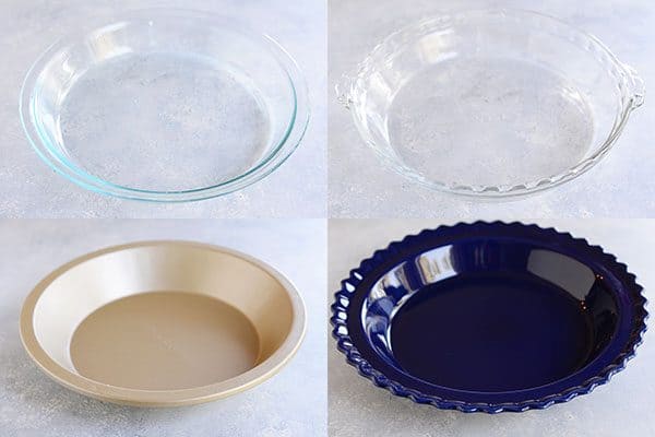 Four different pictures of different pie dishes.