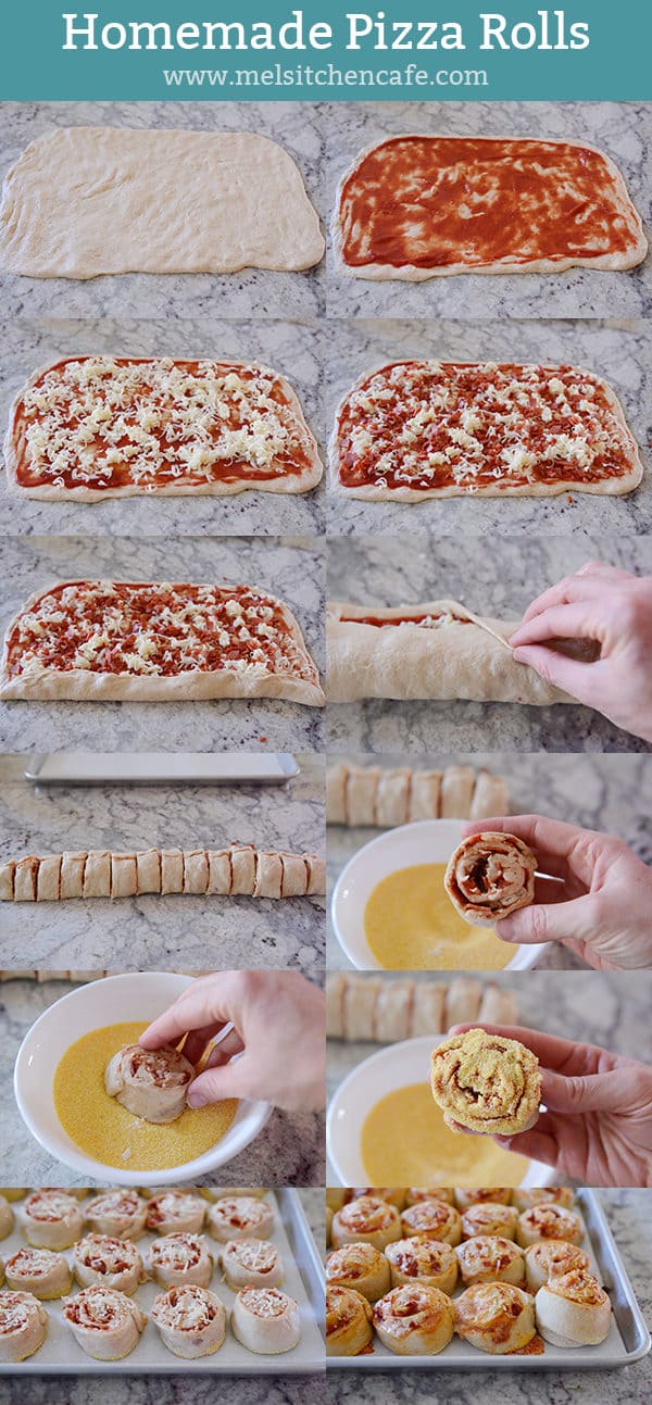 A step-by-step image guide for homemade pizza rolls. 
