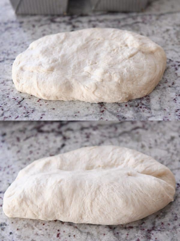 Raw bagel bread dough on a granite countertop.