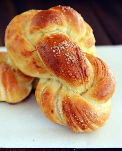 A golden brown baked pretzel twist.