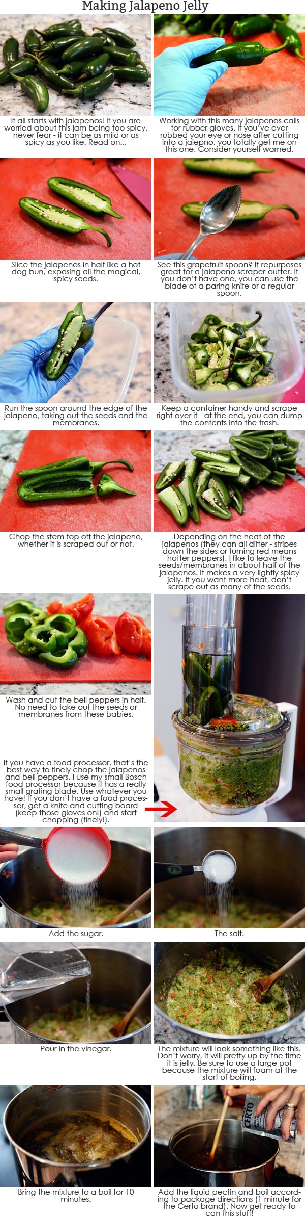 Step-by-step pictures and instructions showing how to chop up peppers for jalapeno jelly. 