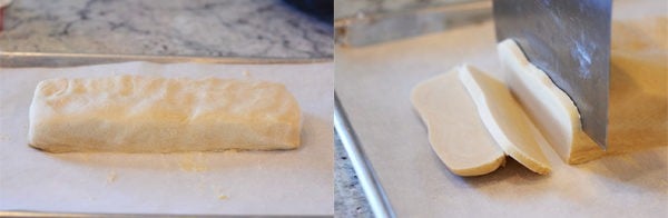 A log of uncooked shortbread and the log getting cut into slices.