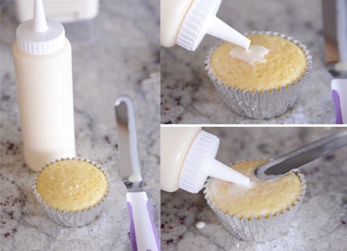 Three pictures showing a cupcake getting milk mixture squirted on top.