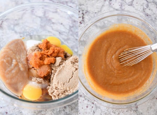 Process shots making pumpkin chocolate chip snack cake batter.