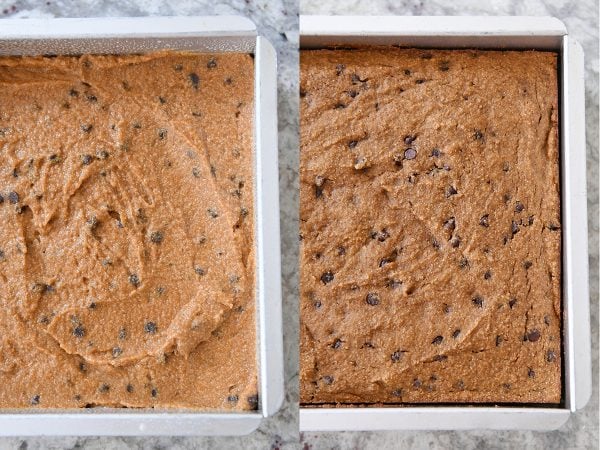 Unbaked and baked pan of pumpkin chocolate chip snack cake batter.